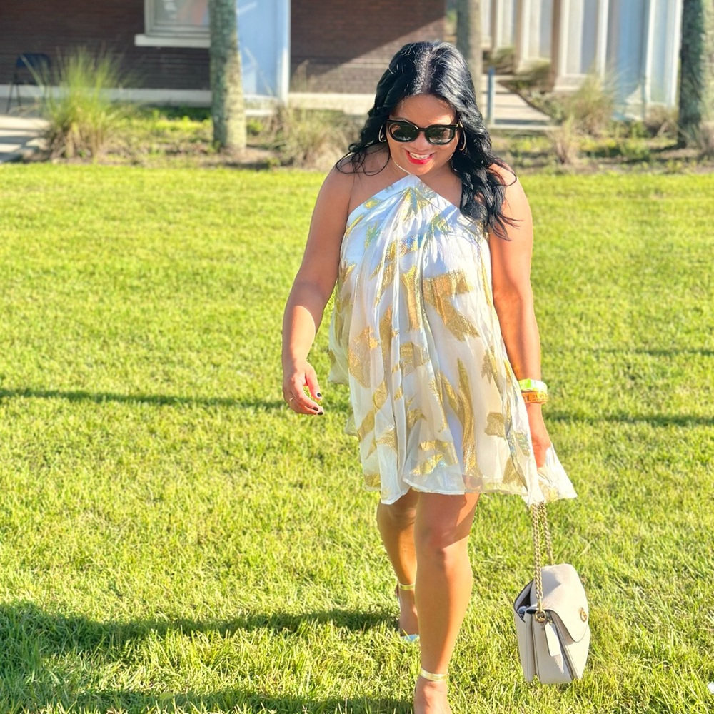Anthropologie Gold and ivory Backless Dress
